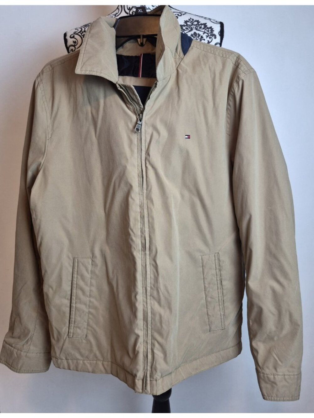 Tommy Hilfiger Mens Medium Khaki Beige Full Zip Jacket Quilted Lined Harrington